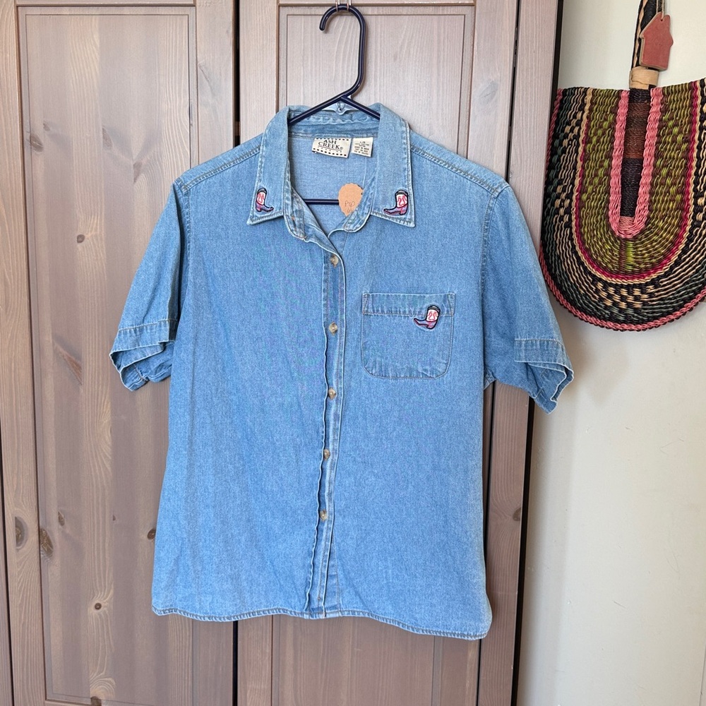 Vintage Short Sleeve Cowboy Boot Button Up Denim Shirt
